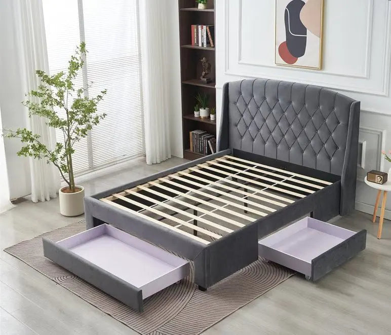 Paris Tall Tufted Velvet Dark Grey Bed with Storage Drawer - King - Image 2