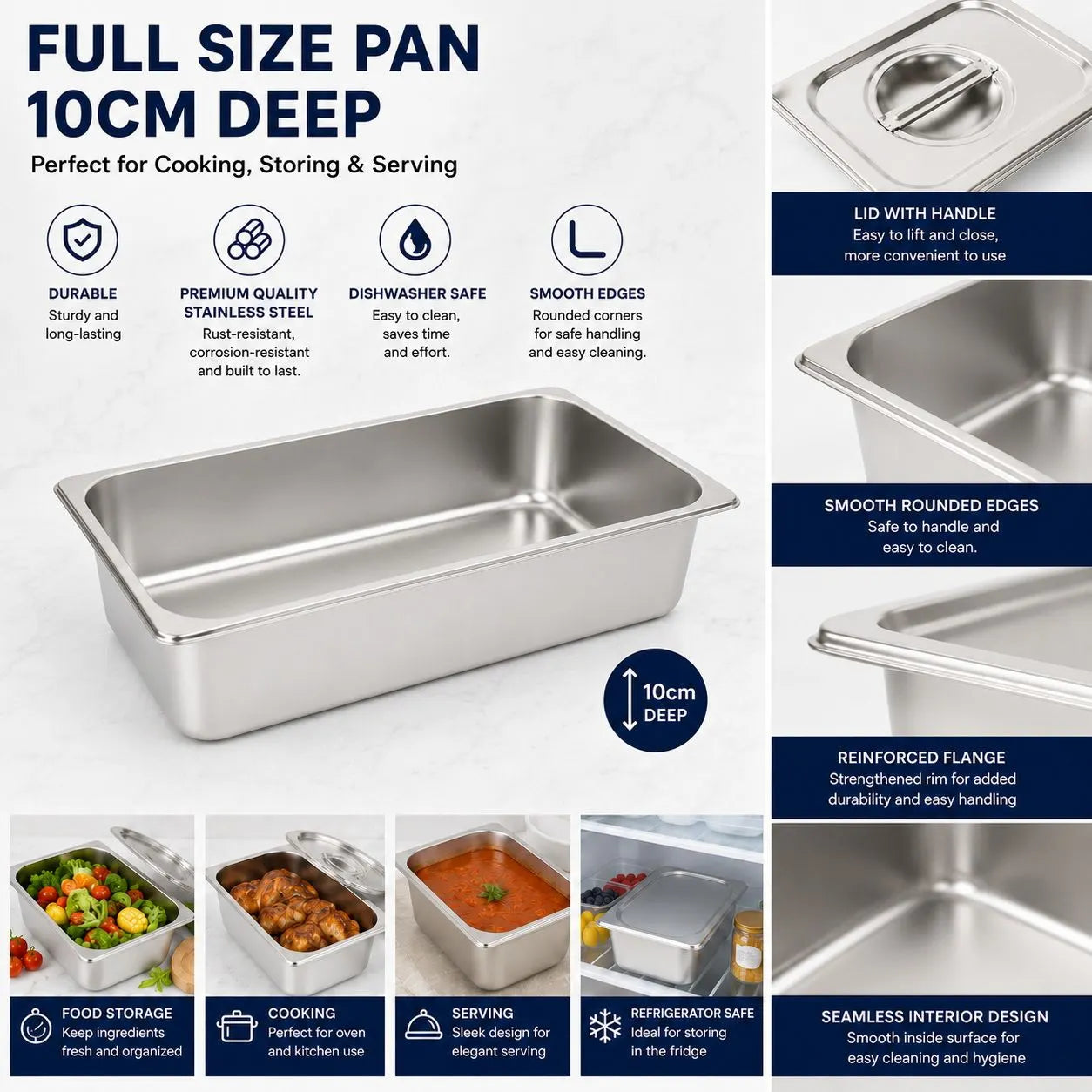 Commercial Stainless Steel GN 1/1 100mm Deep Gastronorm Bain Marie Buffet Steam Table Food Pan with Lid - Image 7