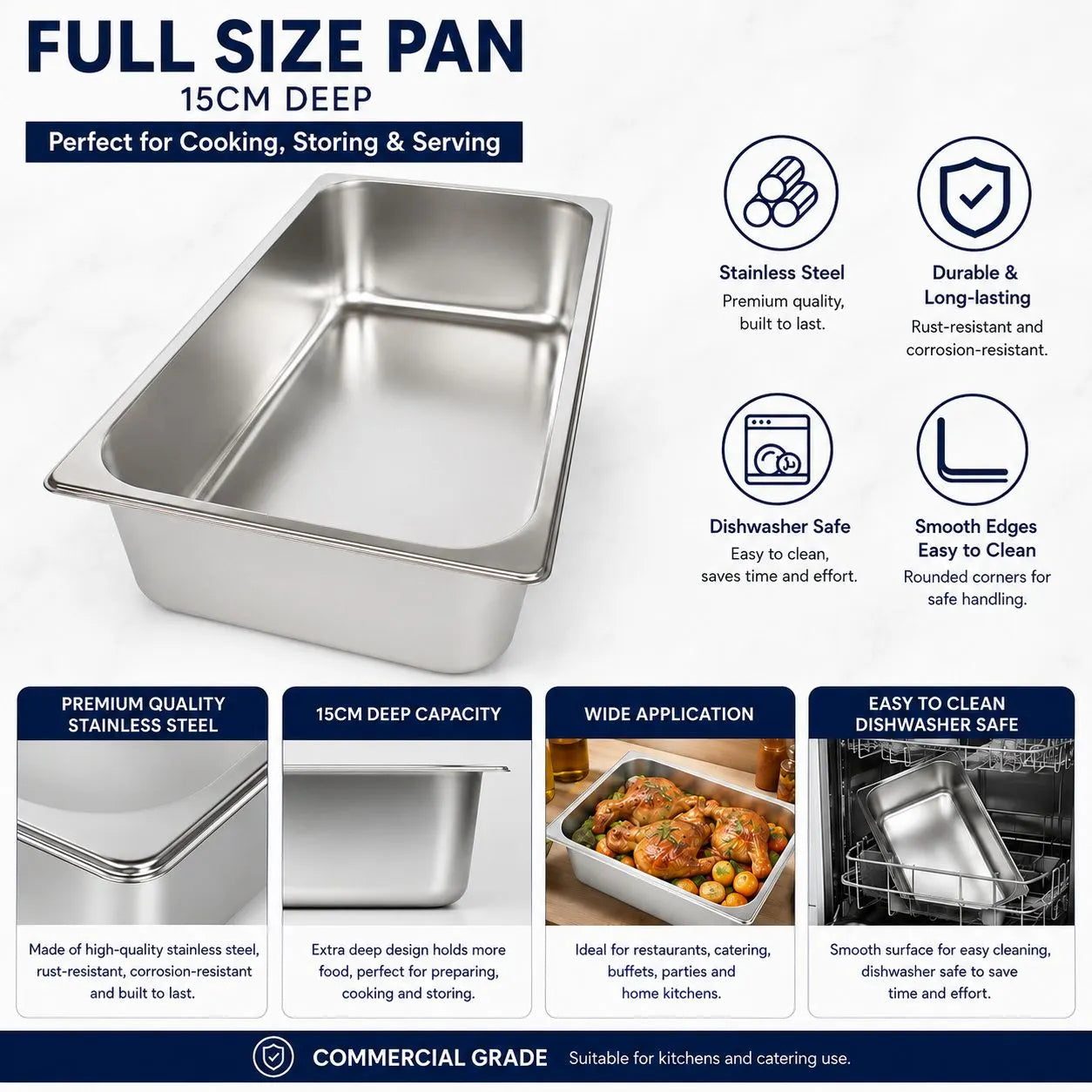 Commercial Stainless Steel GN 1/1 150mm Deep Gastronorm Bain Marie Buffet Steam Table Food Pan with Lid - Image 2