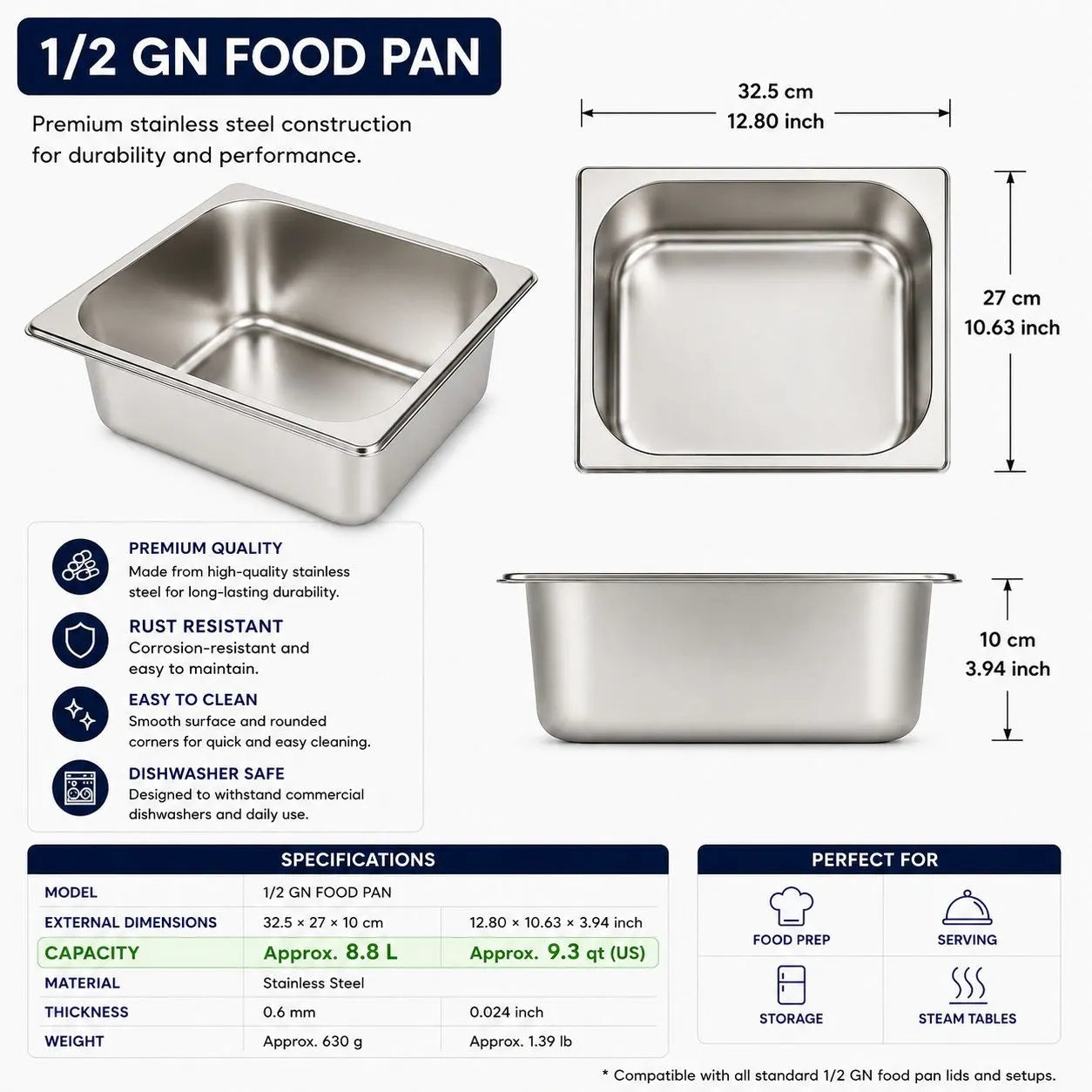 Commercial Stainless Steel GN 1/2 100mm Deep Gastronorm Bain Marie Buffet Steam Table Food Pan with Lid - Image 7