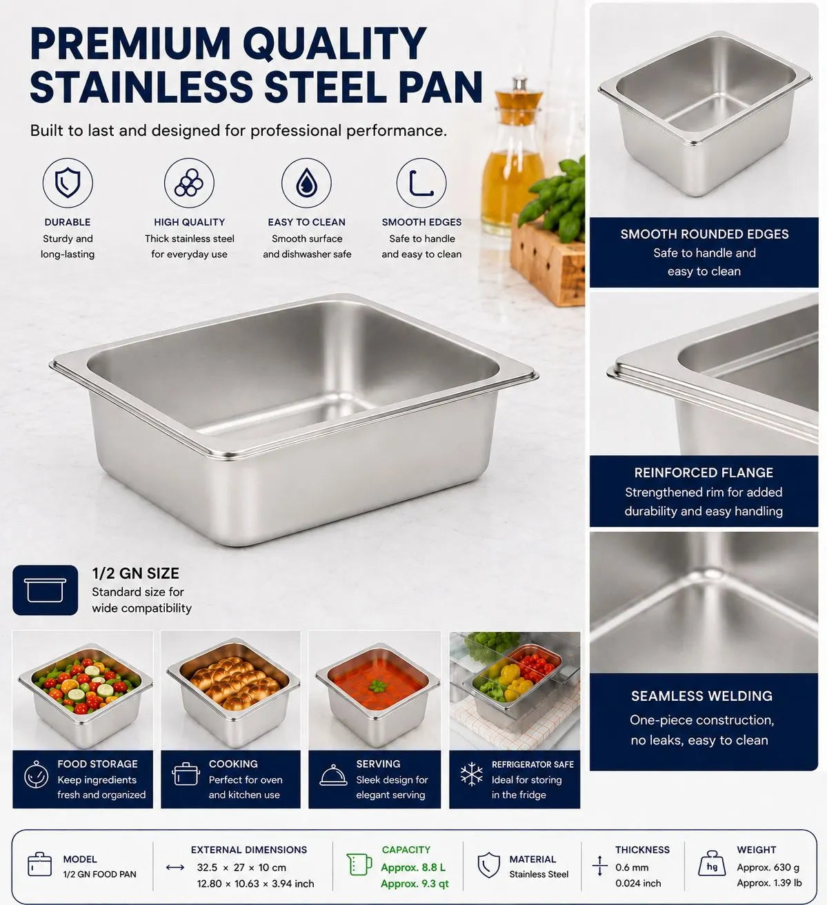 Commercial Stainless Steel GN 1/2 100mm Deep Gastronorm Bain Marie Buffet Steam Table Food Pan with Lid - Image 8