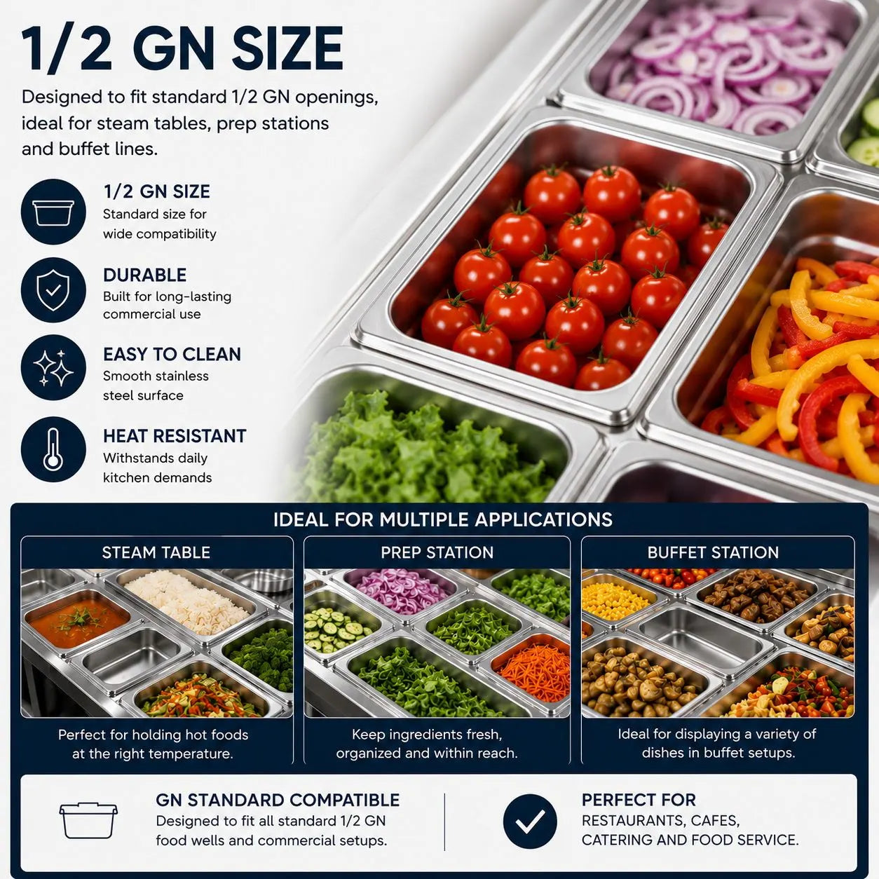 Commercial Stainless Steel GN 1/2 150mm Deep Gastronorm Bain Marie Buffet Steam Table Food Pan - Image 2