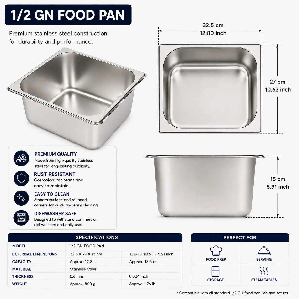 Commercial Stainless Steel GN 1/2 150mm Deep Gastronorm Bain Marie Buffet Steam Table Food Pan with Lid - Image 7