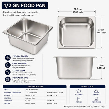 Commercial Stainless Steel GN 1/2 150mm Deep Gastronorm Bain Marie Buffet Steam Table Food Pan with Lid - Image 7