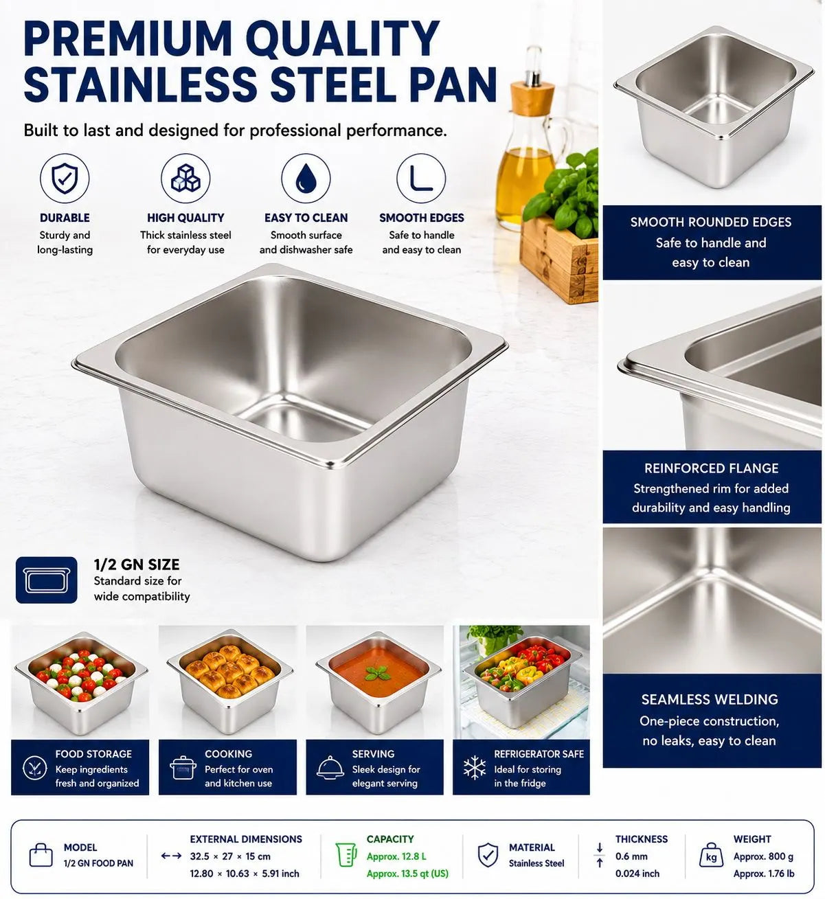 Commercial Stainless Steel GN 1/2 150mm Deep Gastronorm Bain Marie Buffet Steam Table Food Pan with Lid - Image 8