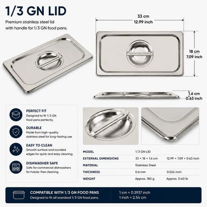 Commercial Stainless Steel GN 1/3 100mm Deep Gastronorm Bain Marie Buffet Steam Table Food Pan with Lid - Image 4