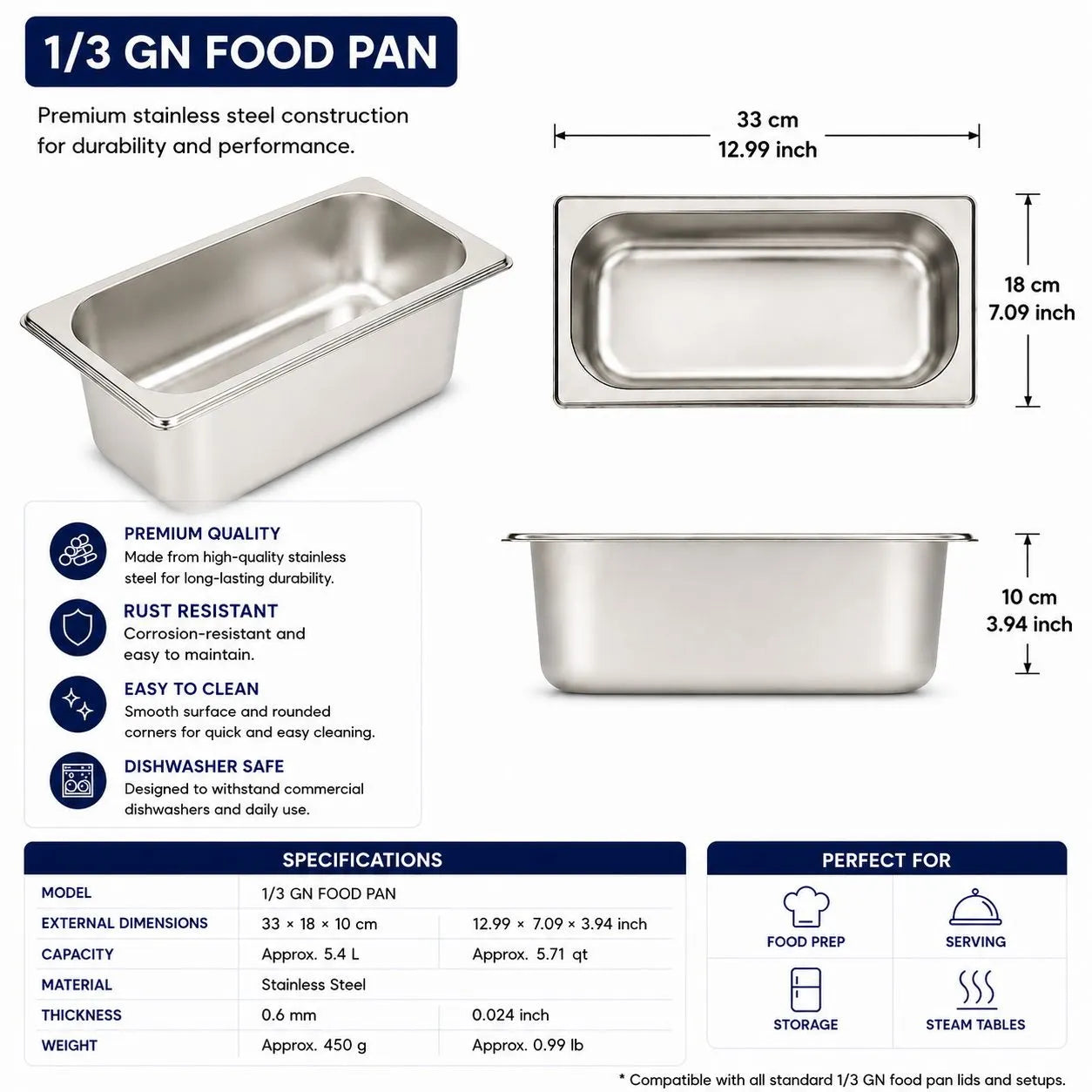 Commercial Stainless Steel GN 1/3 100mm Deep Gastronorm Bain Marie Buffet Steam Table Food Pan with Lid - Image 5