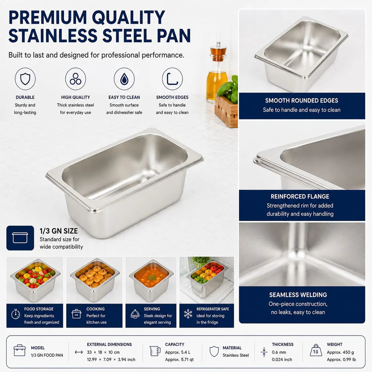 Commercial Stainless Steel GN 1/3 100mm Deep Gastronorm Bain Marie Buffet Steam Table Food Pan with Lid - Image 6