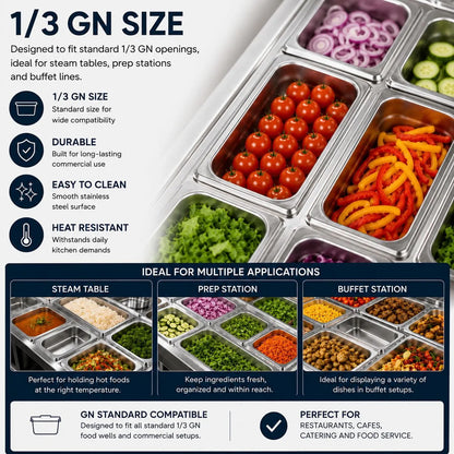 Commercial Stainless Steel GN 1/3 150mm Deep Gastronorm Bain Marie Buffet Steam Table Food Pan - Image 2
