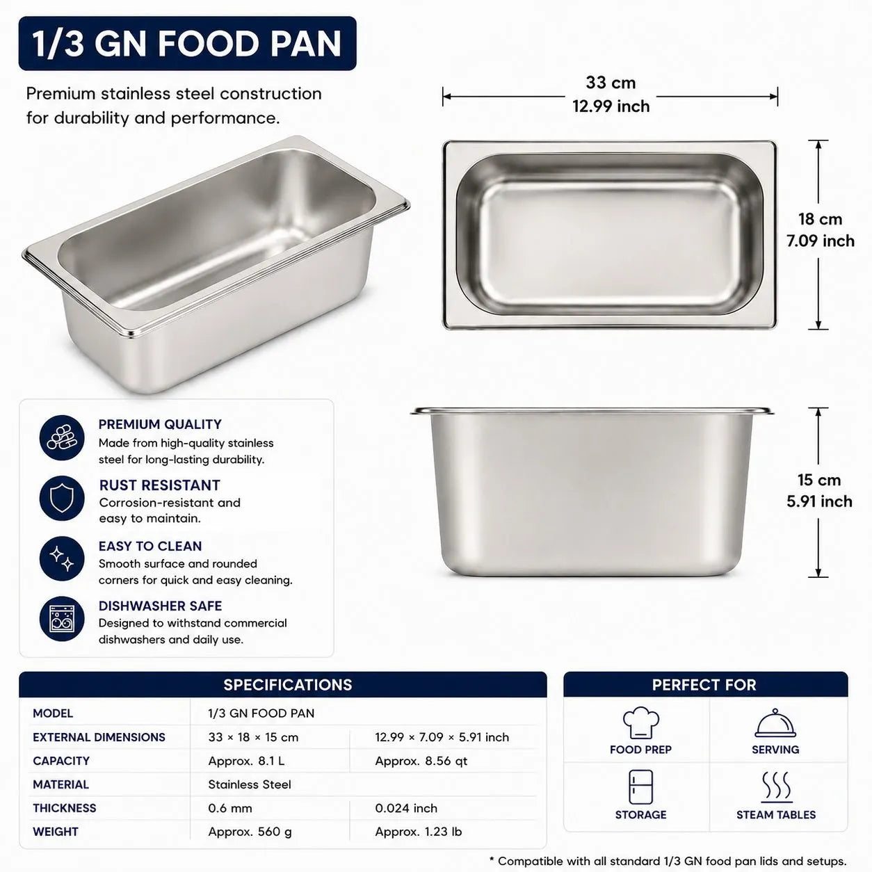Commercial Stainless Steel GN 1/3 150mm Deep Gastronorm Bain Marie Buffet Steam Table Food Pan with Lid - Image 5