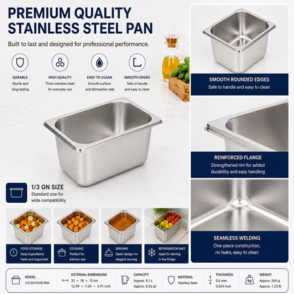 Commercial Stainless Steel GN 1/3 150mm Deep Gastronorm Bain Marie Buffet Steam Table Food Pan with Lid - Image 6