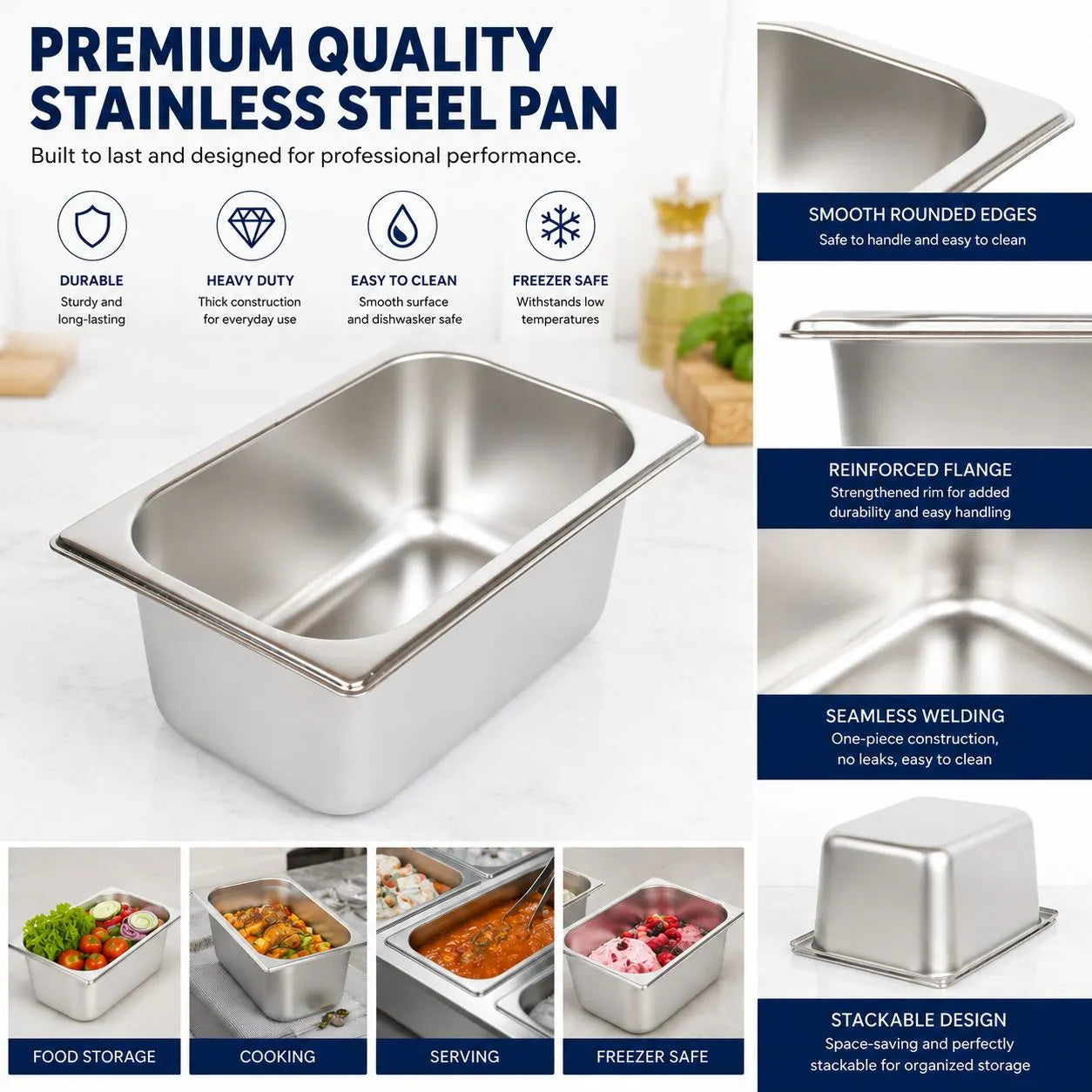 Commercial Stainless Steel GN 1/4 100mm Deep Gastronorm Bain Marie Buffet Steam Table Food Pan - Image 2
