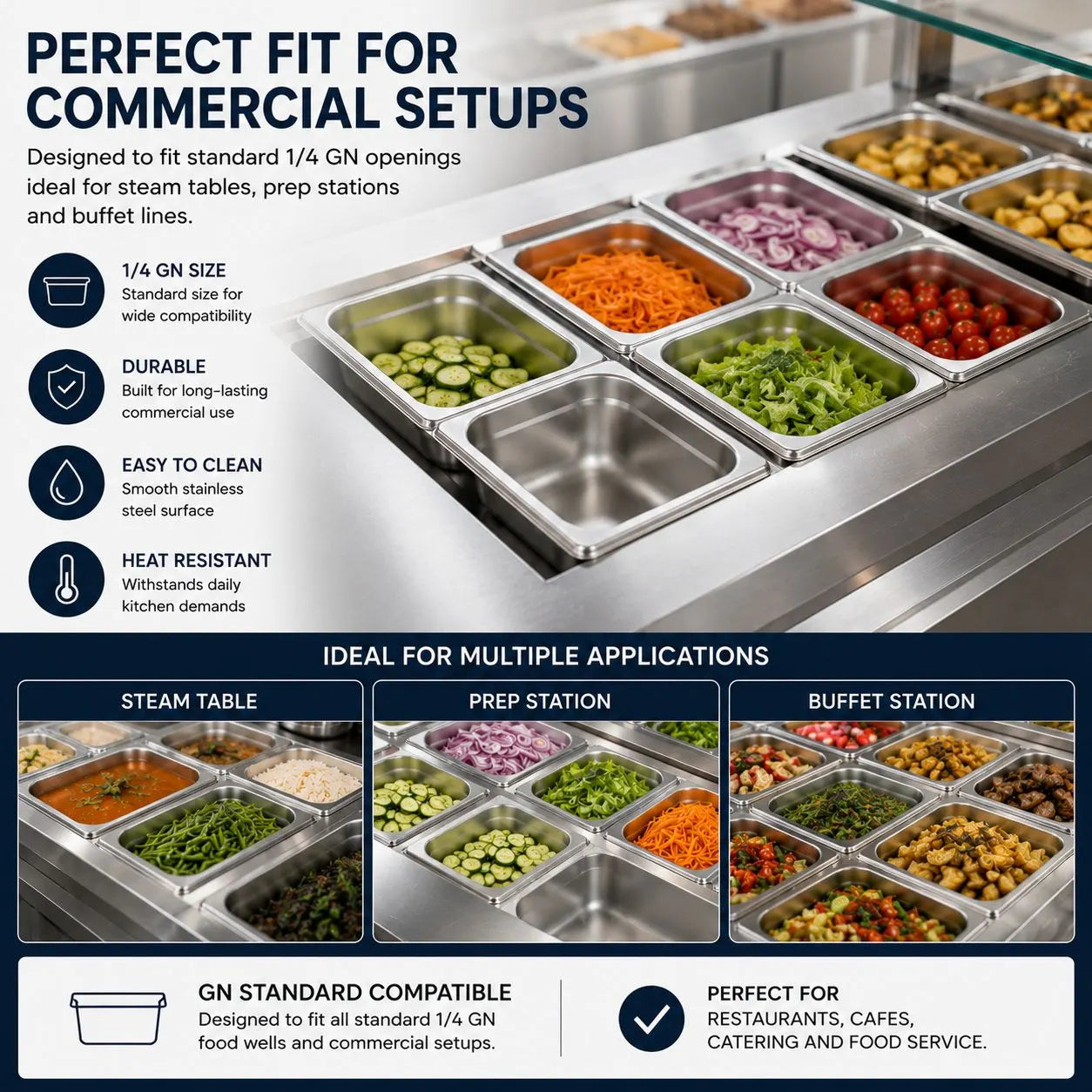 Commercial Stainless Steel GN 1/4 100mm Deep Gastronorm Bain Marie Buffet Steam Table Food Pan - Image 3