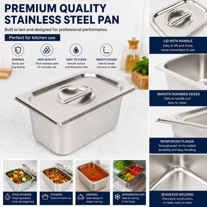 Commercial Stainless Steel GN 1/4 100mm Deep Gastronorm Bain Marie Buffet Steam Table Food Pan with Lid - Image 3