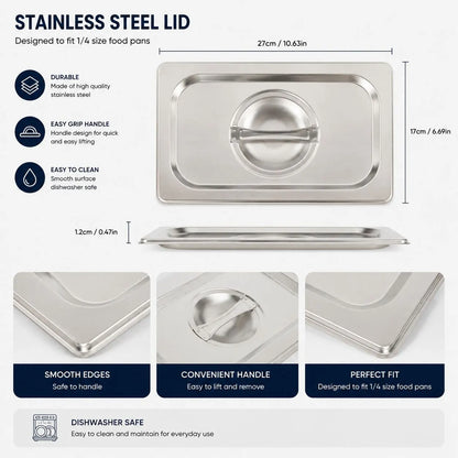 Commercial Stainless Steel GN 1/4 100mm Deep Gastronorm Bain Marie Buffet Steam Table Food Pan with Lid - Image 4