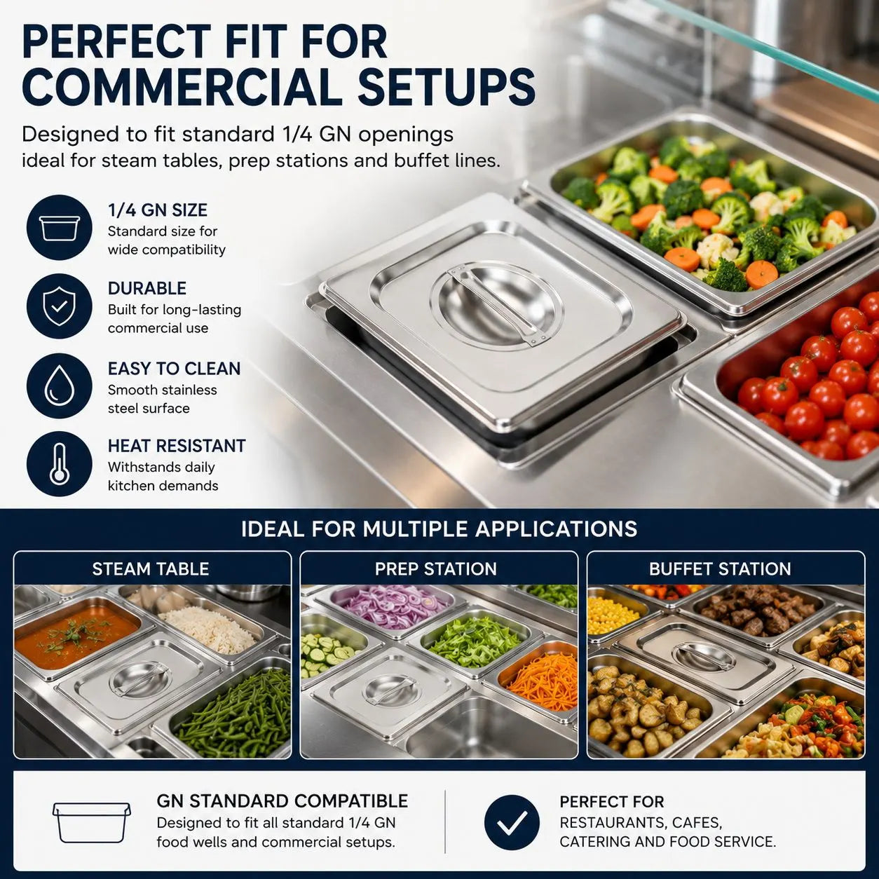 Commercial Stainless Steel GN 1/4 100mm Deep Gastronorm Bain Marie Buffet Steam Table Food Pan with Lid - Image 5