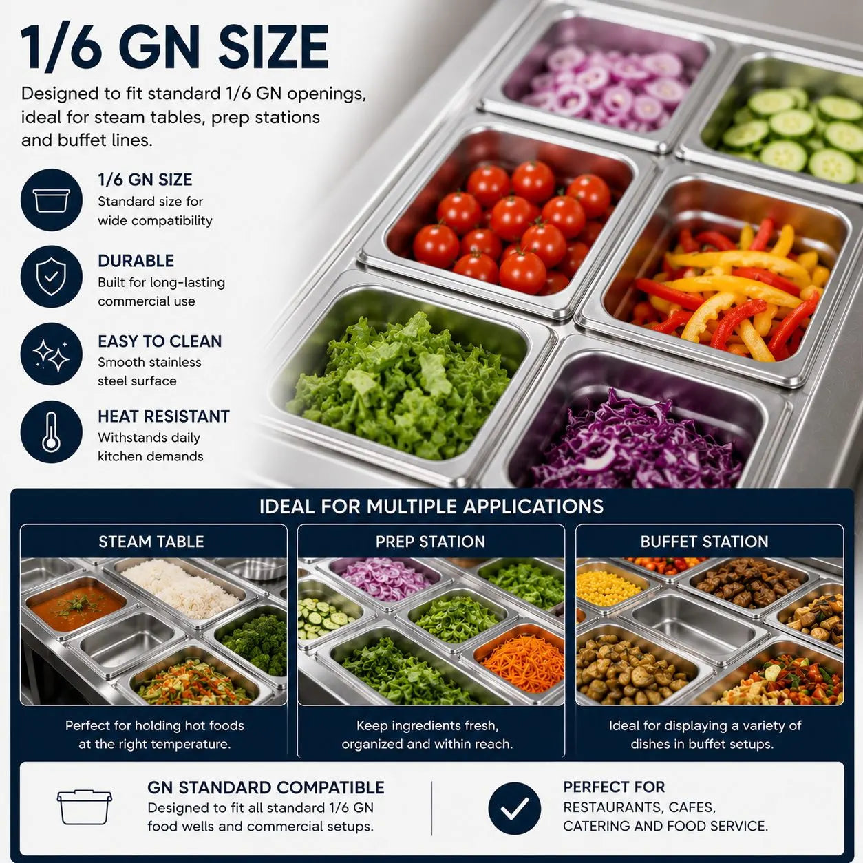 Commercial Stainless Steel GN 1/6 100mm Deep Gastronorm Bain Marie Buffet Steam Table Food Pan - Image 2