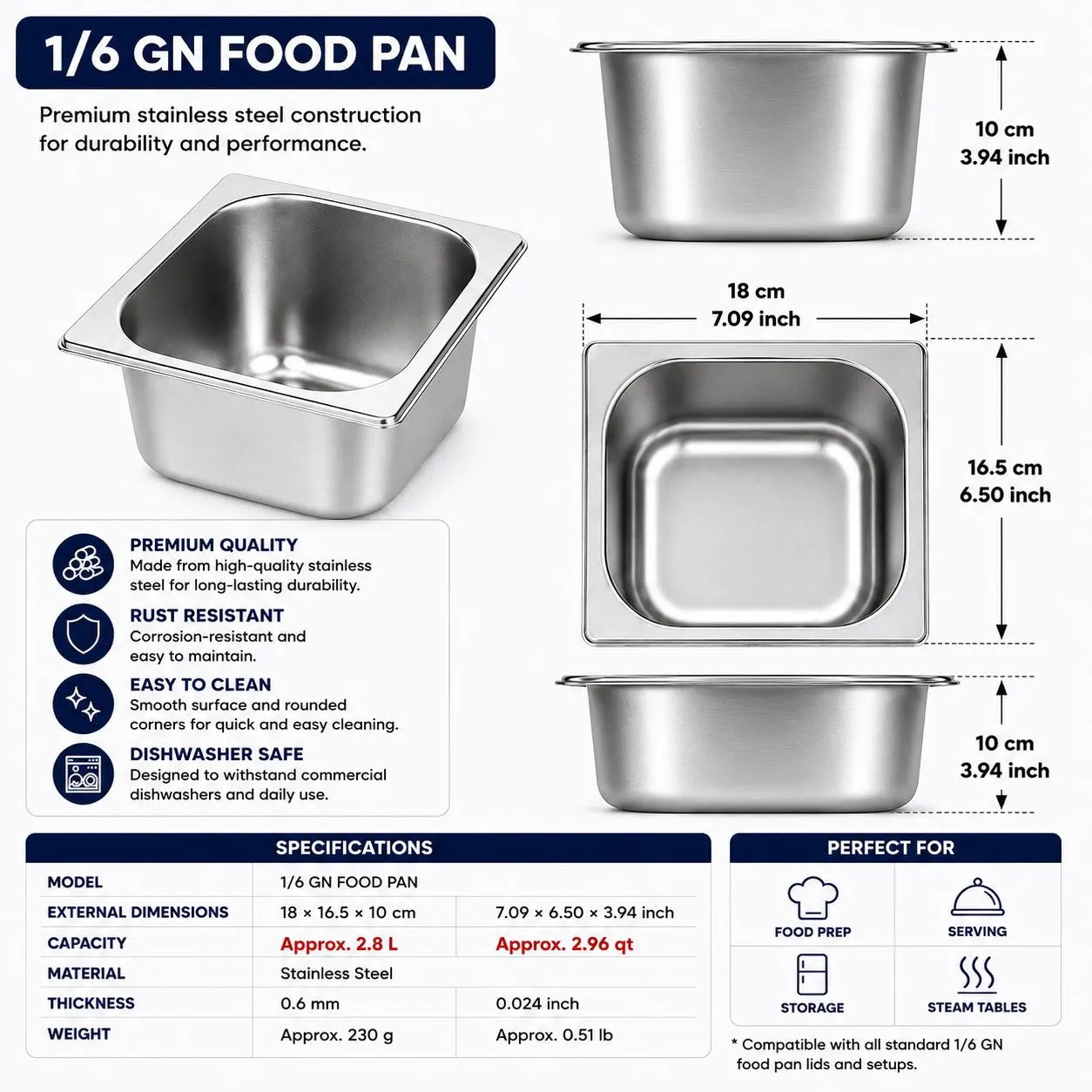 Commercial Stainless Steel GN 1/6 100mm Deep Gastronorm Bain Marie Buffet Steam Table Food Pan - Image 4