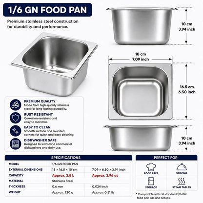 Commercial Stainless Steel GN 1/6 100mm Deep Gastronorm Bain Marie Buffet Steam Table Food Pan - Image 4