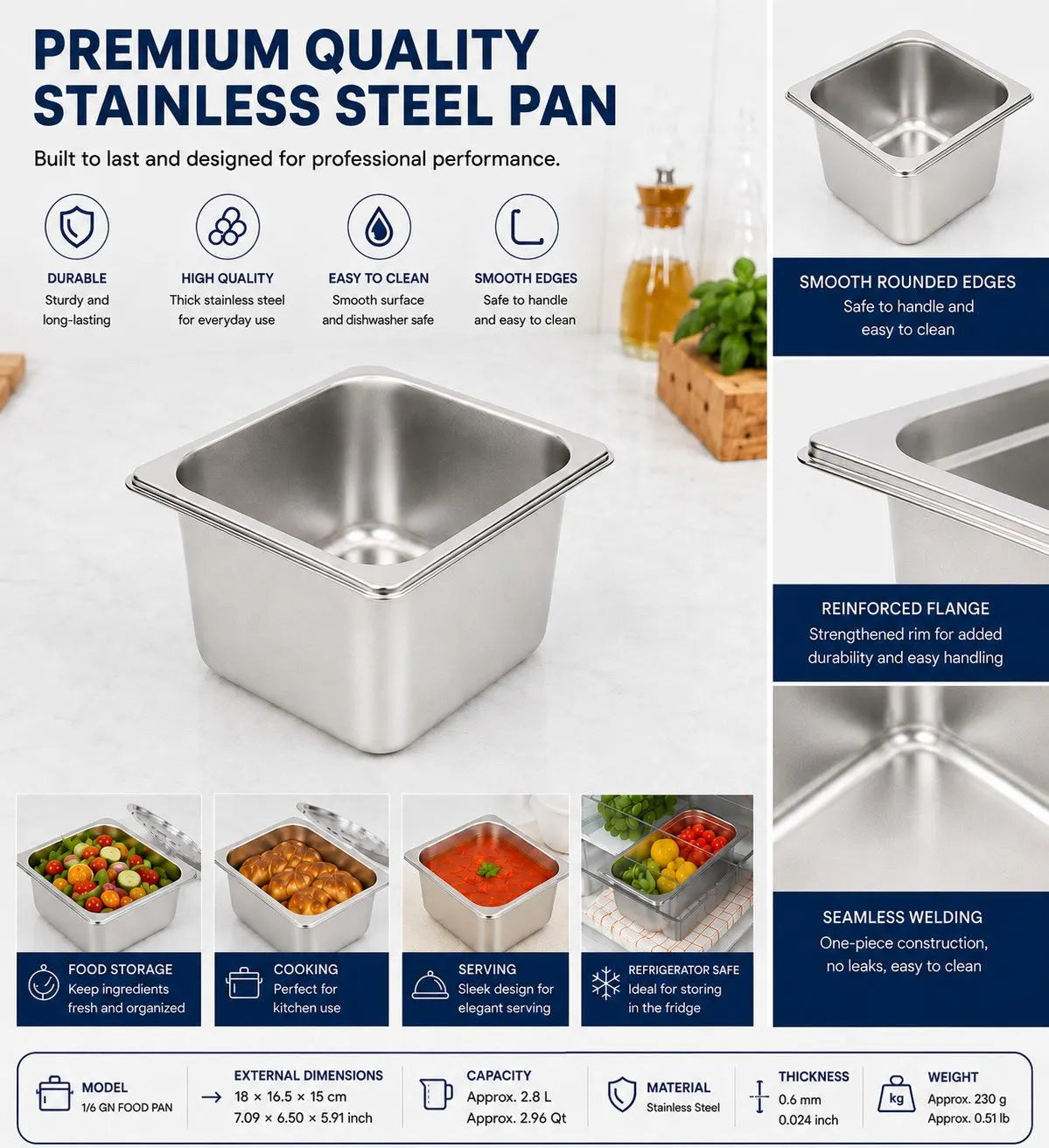 Commercial Stainless Steel GN 1/6 100mm Deep Gastronorm Bain Marie Buffet Steam Table Food Pan - Image 5