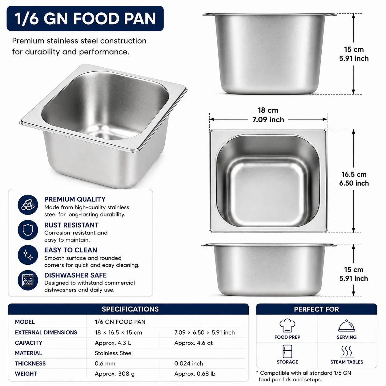 Commercial Stainless Steel GN 1/6 150mm Deep Gastronorm Bain Marie Buffet Steam Table Food Pan - Image 4
