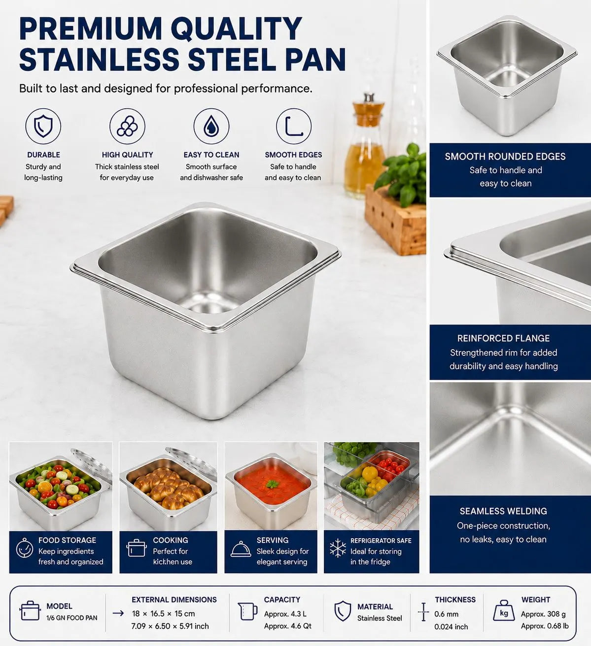 Commercial Stainless Steel GN 1/6 150mm Deep Gastronorm Bain Marie Buffet Steam Table Food Pan - Image 5