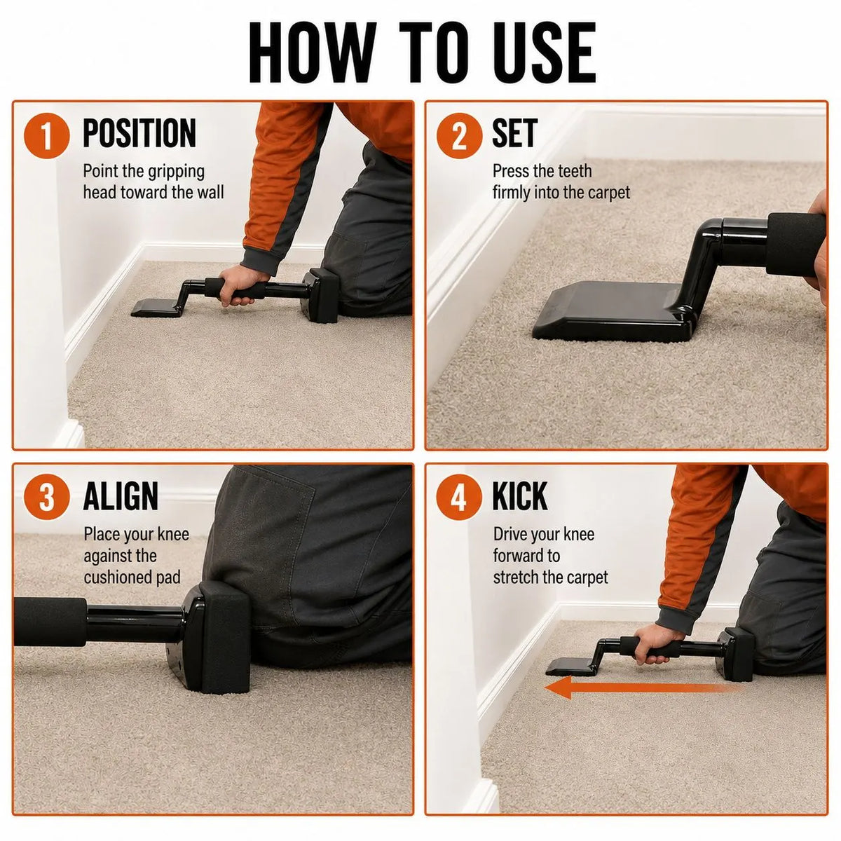 Carpet Knee Kicker Installation Tool with Steel Gripping Teeth & Foam Handle - Image 8