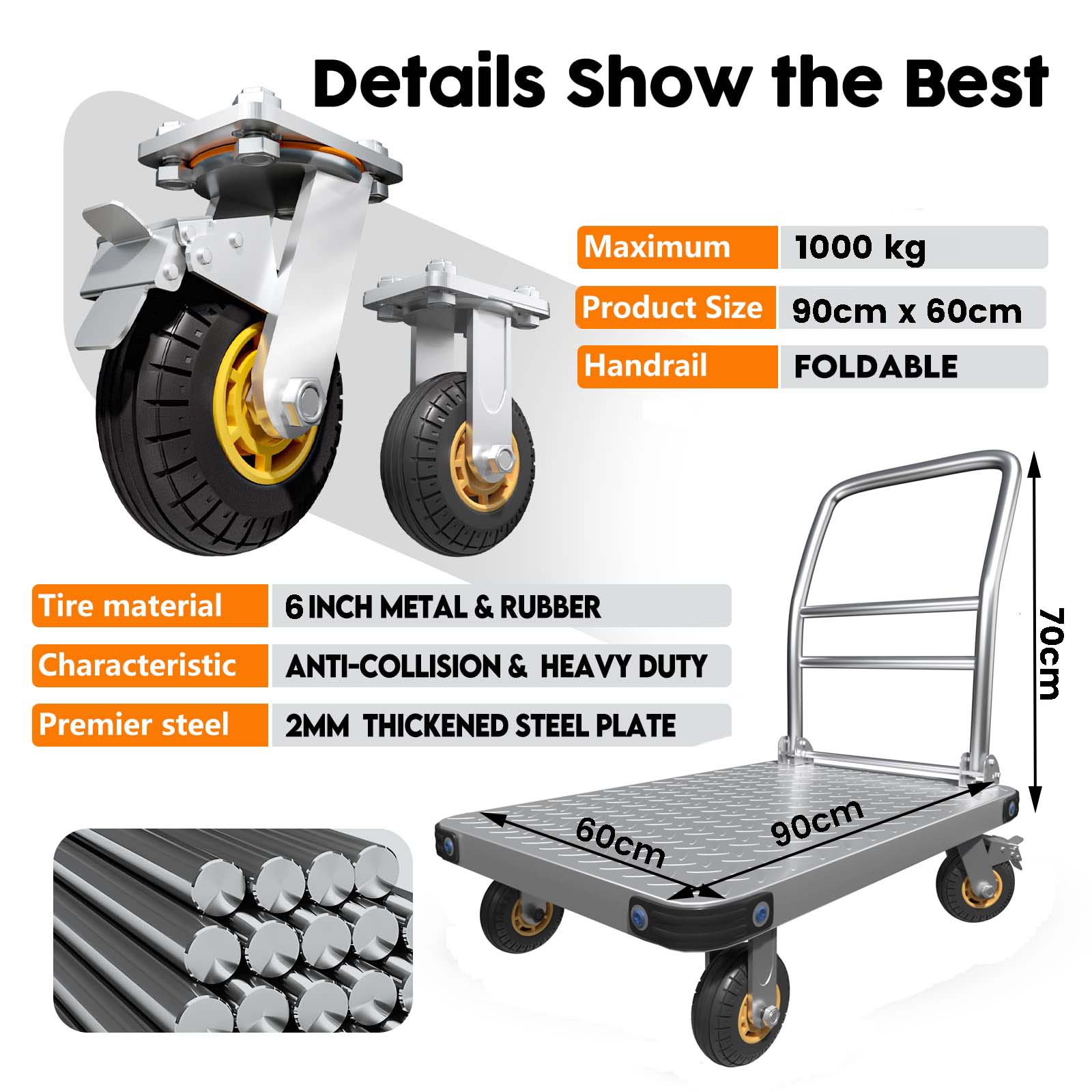 1000KG Capacity Heavy Duty Foldable Platform Truck Flatbed Push Cart Steel Dolly Trolley Cart Brake - Image 3