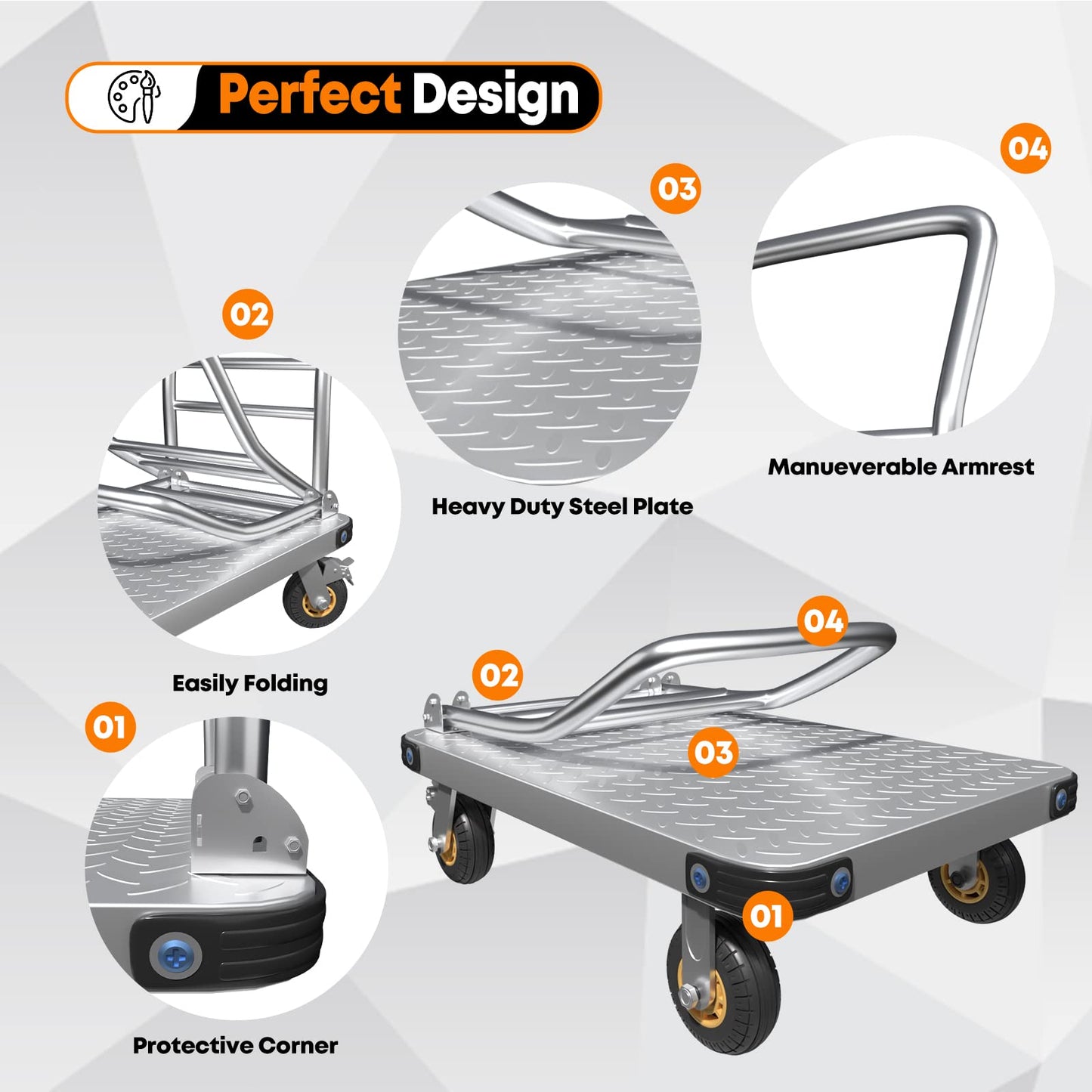 1000KG Capacity Heavy Duty Foldable Platform Truck Flatbed Push Cart Steel Dolly Trolley Cart Brake - Image 4