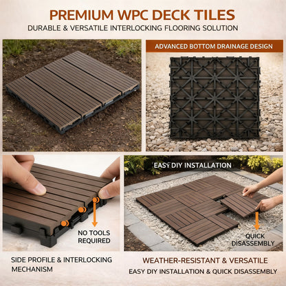 10PCS Interlocking Patio Deck Tiles 30cm x 30cm Outdoor Wood Flooring for Patio Garden Balcony Poolside Walnut - Image 6