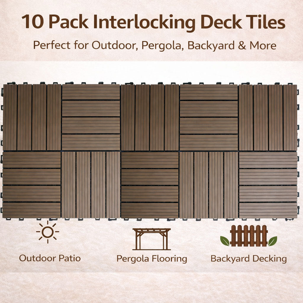 10PCS Interlocking Patio Deck Tiles 30cm x 30cm Outdoor Wood Flooring for Patio Garden Balcony Poolside Walnut - Image 8