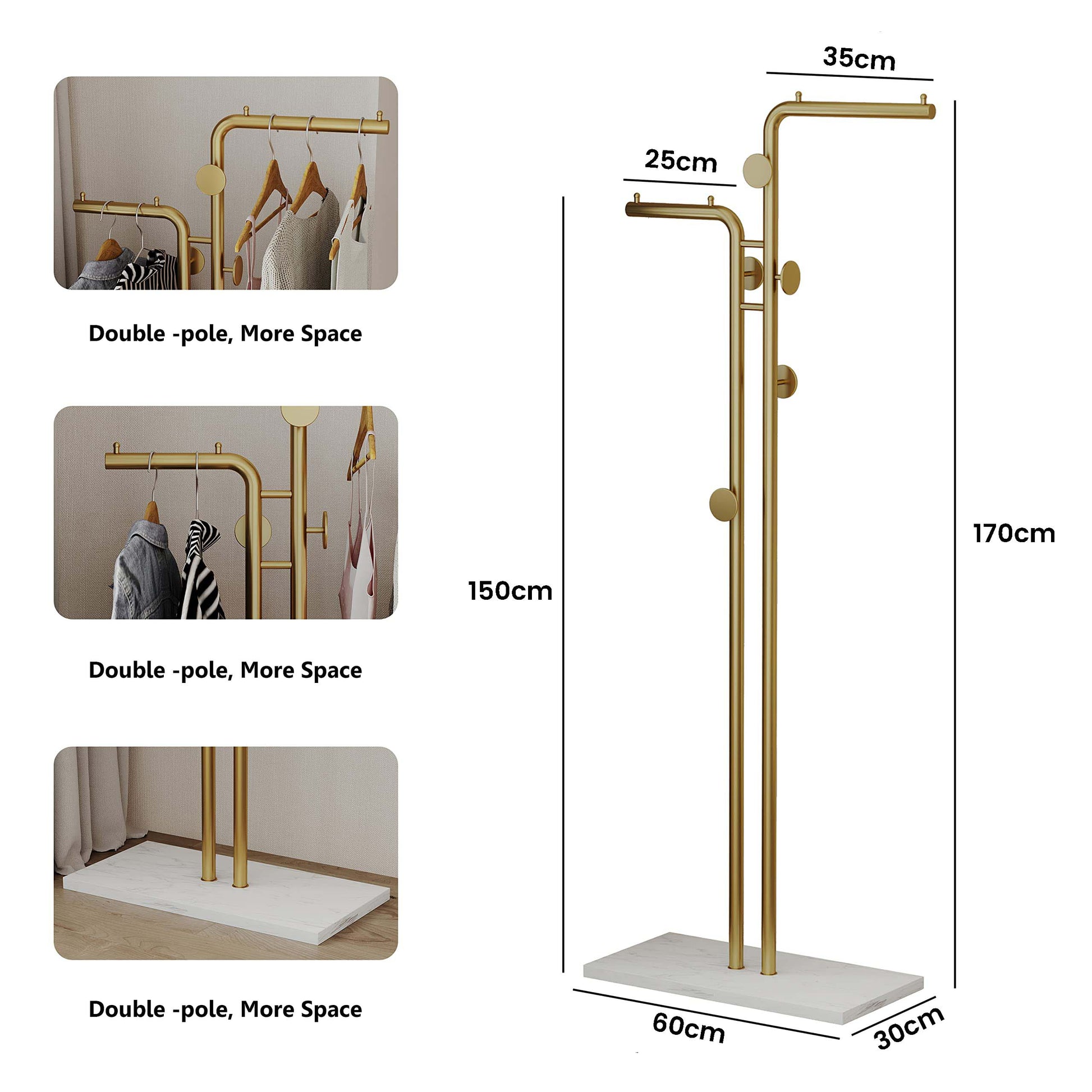 Metal Coat Rack Marble Base Hooks Clothes Coats Bag Tree Hat Display Hanger Stand Organiser 2 Pole - Image 2