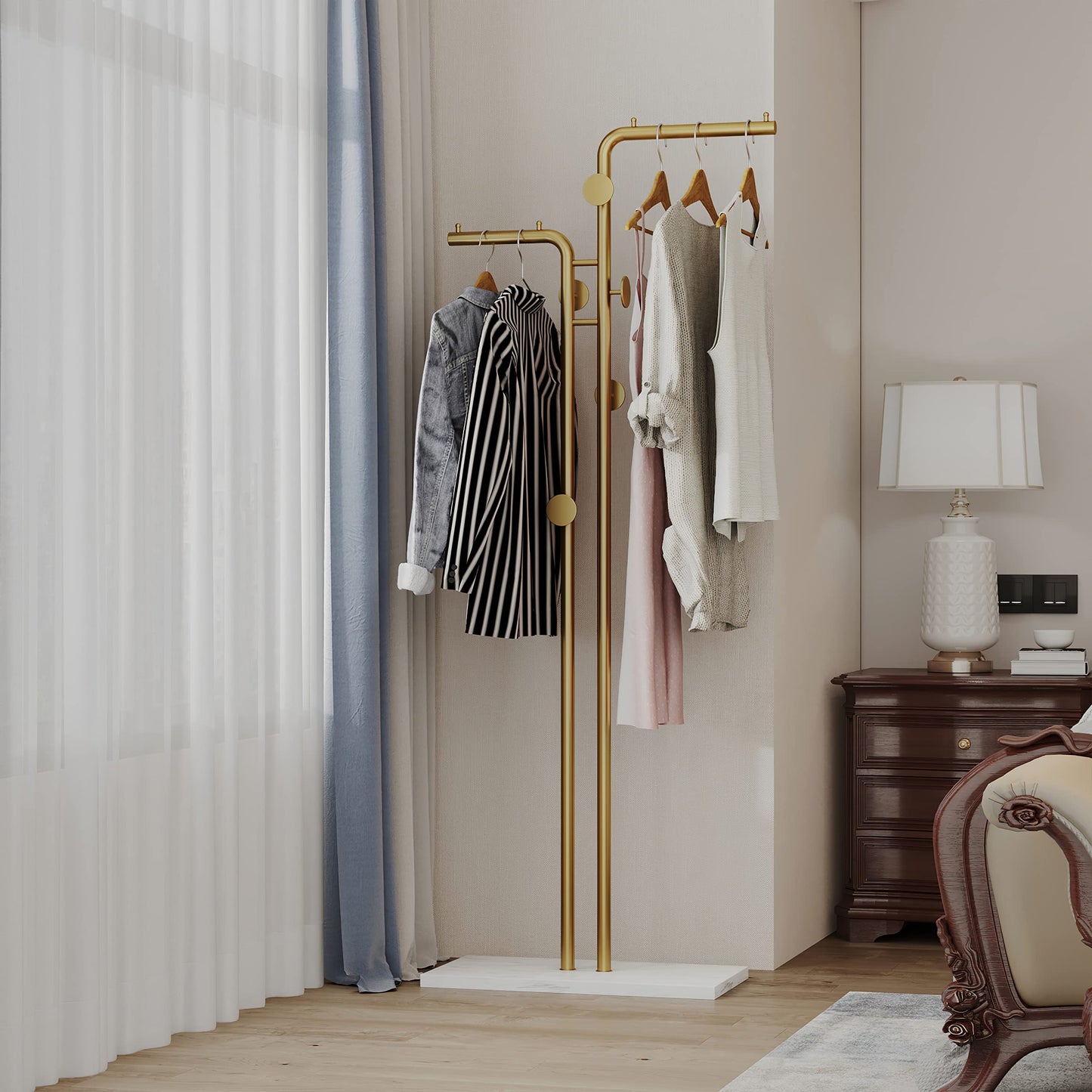 Metal Coat Rack Marble Base Hooks Clothes Coats Bag Tree Hat Display Hanger Stand Organiser 2 Pole - Image 3