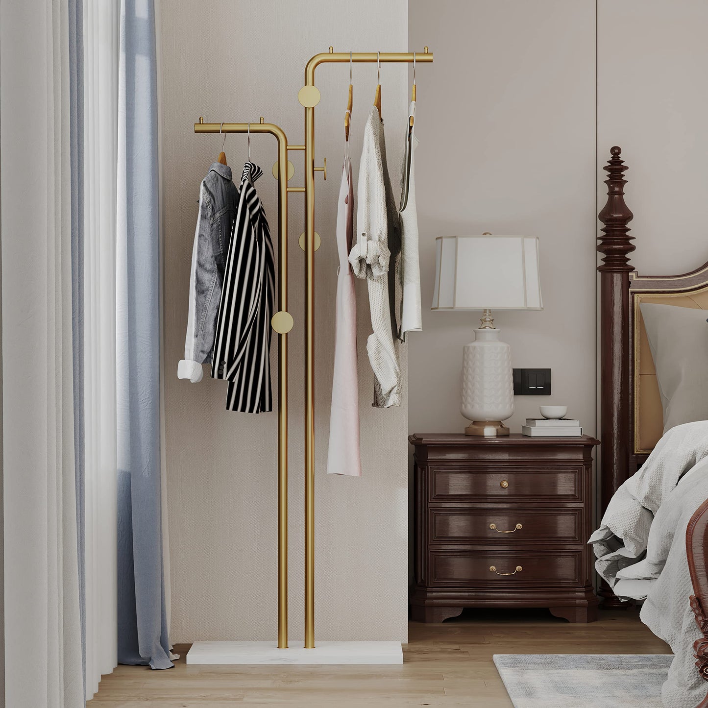 Metal Coat Rack Marble Base Hooks Clothes Coats Bag Tree Hat Display Hanger Stand Organiser 2 Pole - Image 4