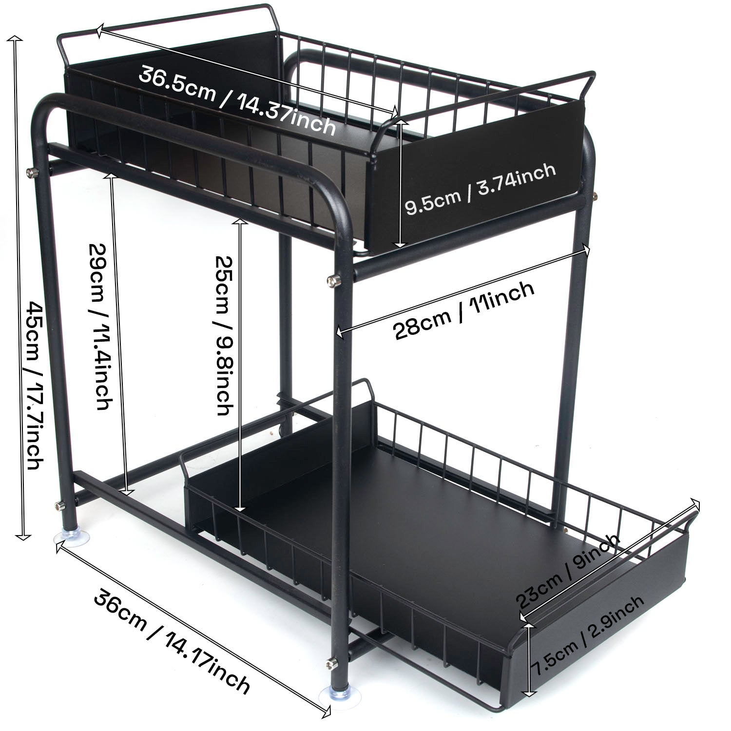 2 Tier Under Sink Storage Rack Kitchen Organizer Steel Frame with Removable Baskets & Suction Feet Black - Image 2