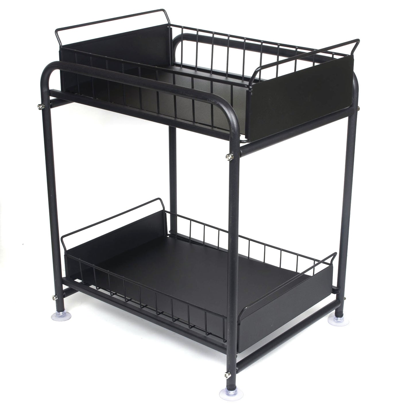 2 Tier Under Sink Storage Rack Kitchen Organizer Steel Frame with Removable Baskets & Suction Feet Black - Image 3
