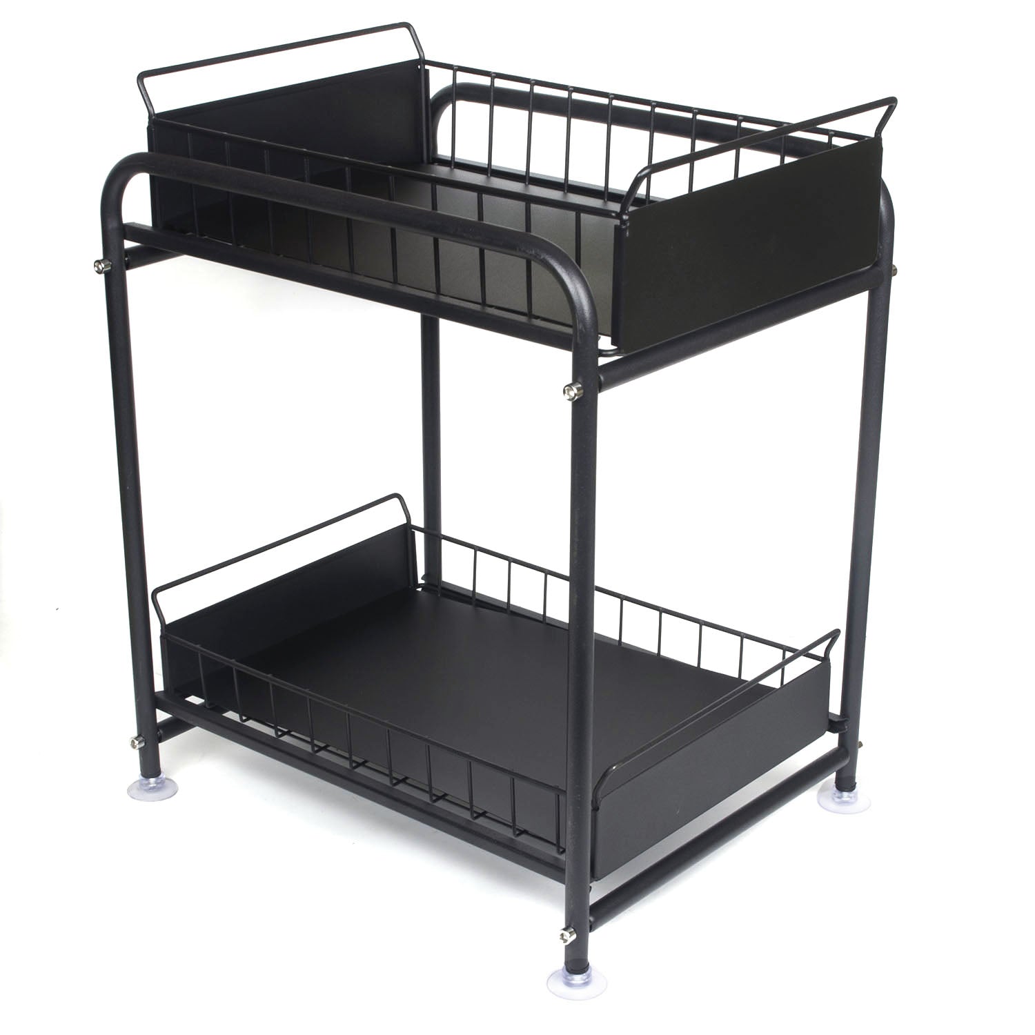 2 Tier Under Sink Storage Rack Kitchen Organizer Steel Frame with Removable Baskets & Suction Feet Black - Image 3