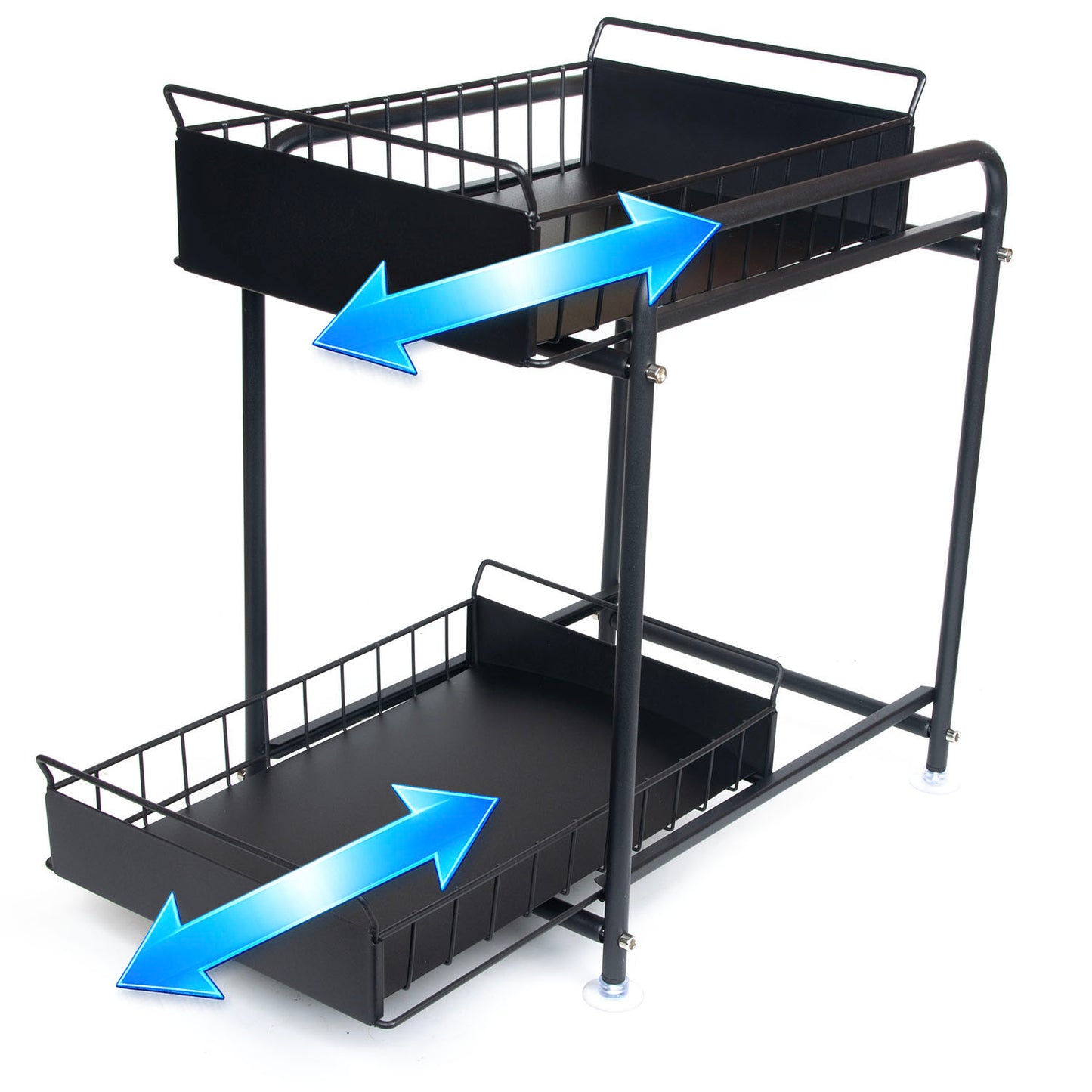2 Tier Under Sink Storage Rack Kitchen Organizer Steel Frame with Removable Baskets & Suction Feet Black - Image 4