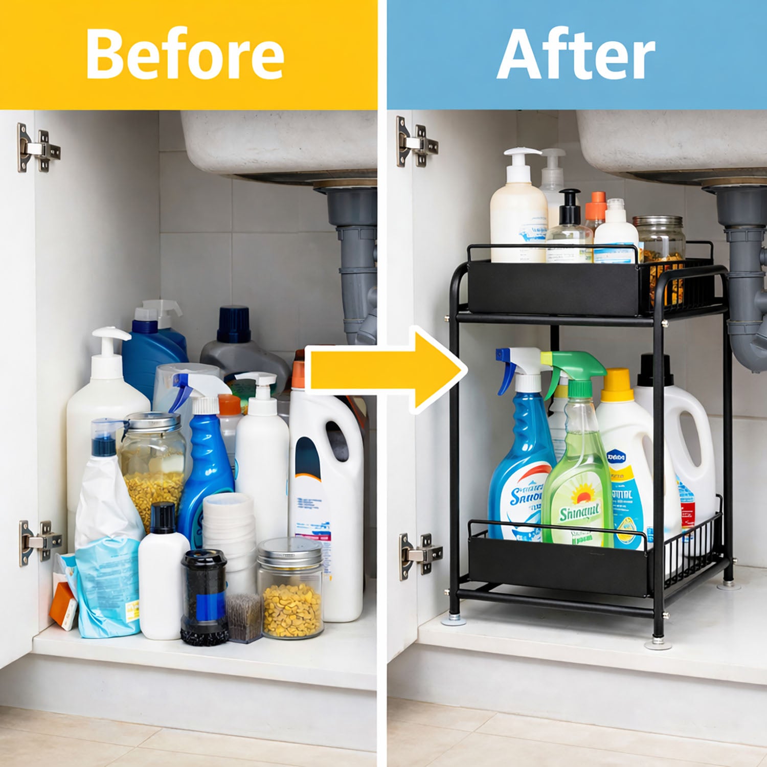 2 Tier Under Sink Storage Rack Kitchen Organizer Steel Frame with Removable Baskets & Suction Feet Black - Image 6
