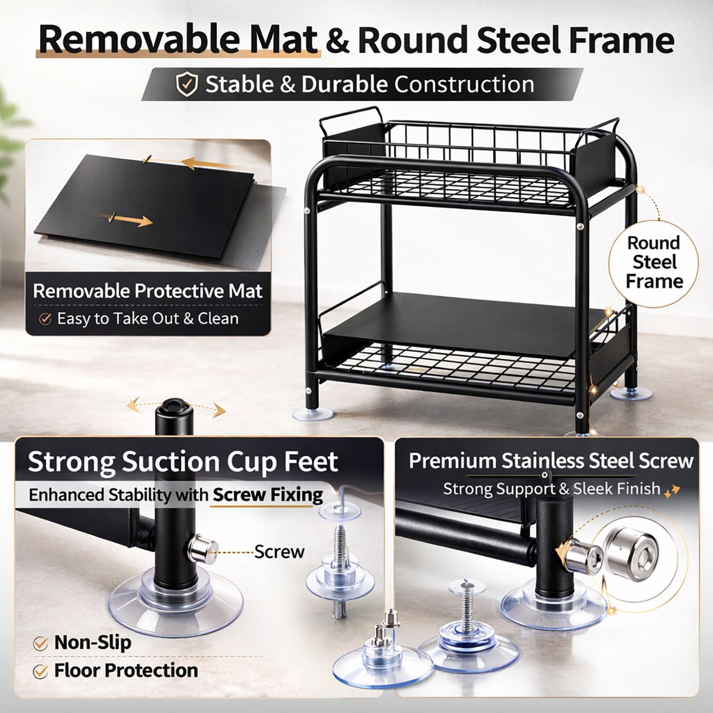 2 Tier Under Sink Storage Rack Kitchen Organizer Steel Frame with Removable Baskets & Suction Feet Black - Image 7