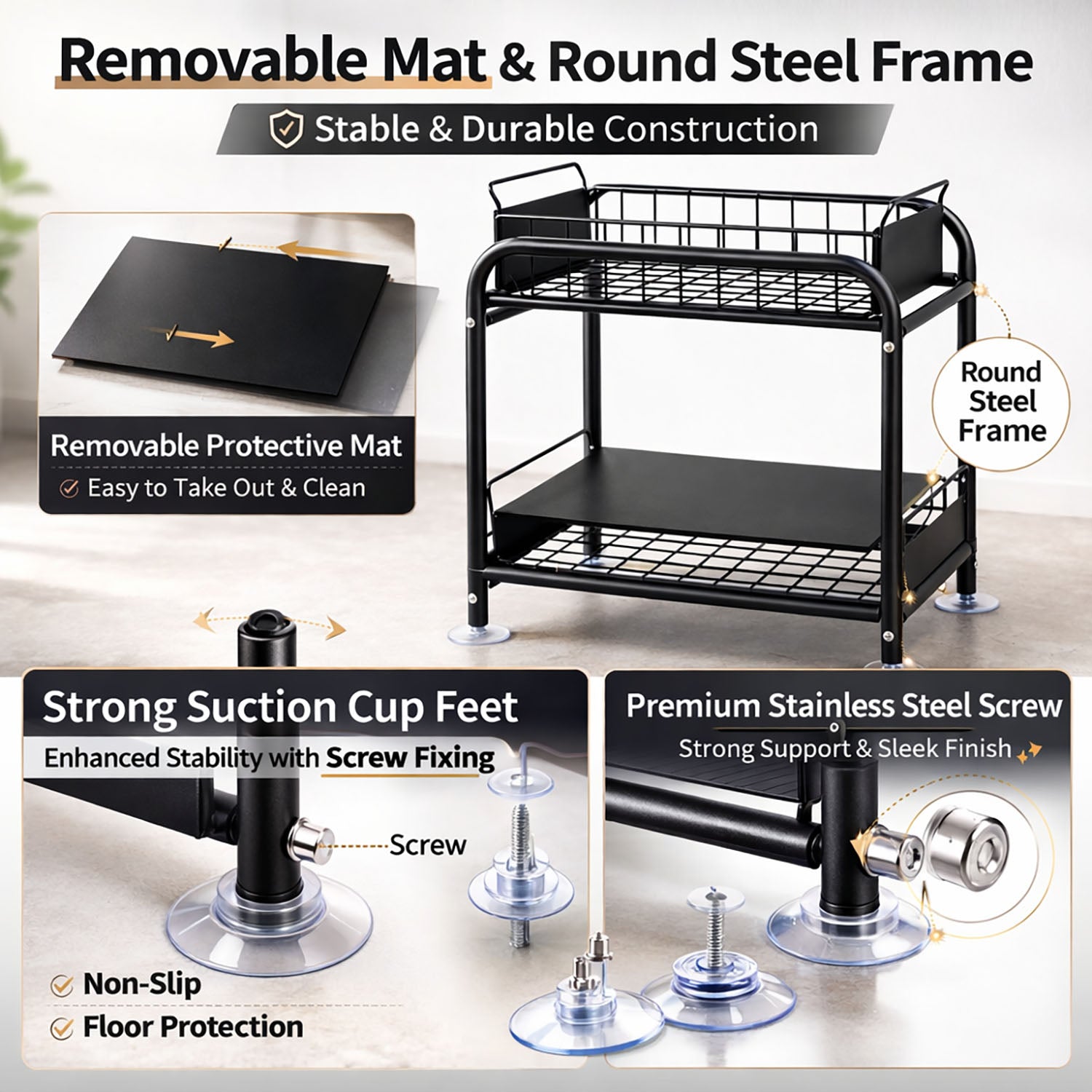2 Tier Under Sink Storage Rack Kitchen Organizer Steel Frame with Removable Baskets & Suction Feet Black - Image 7