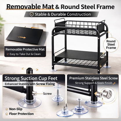 2 Tier Under Sink Storage Rack Kitchen Organizer Steel Frame with Removable Baskets & Suction Feet Black - Image 7