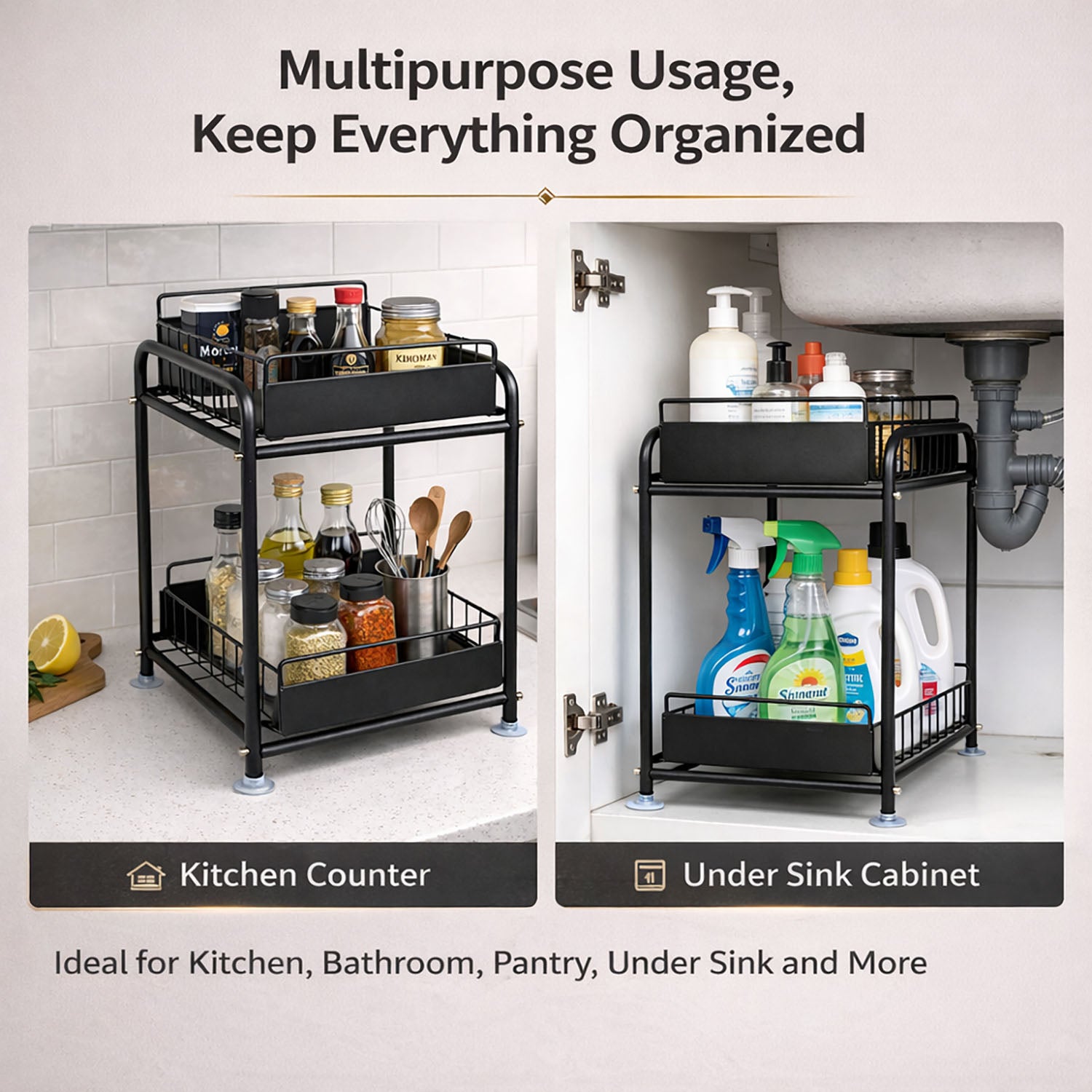 2 Tier Under Sink Storage Rack Kitchen Organizer Steel Frame with Removable Baskets & Suction Feet Black - Image 8