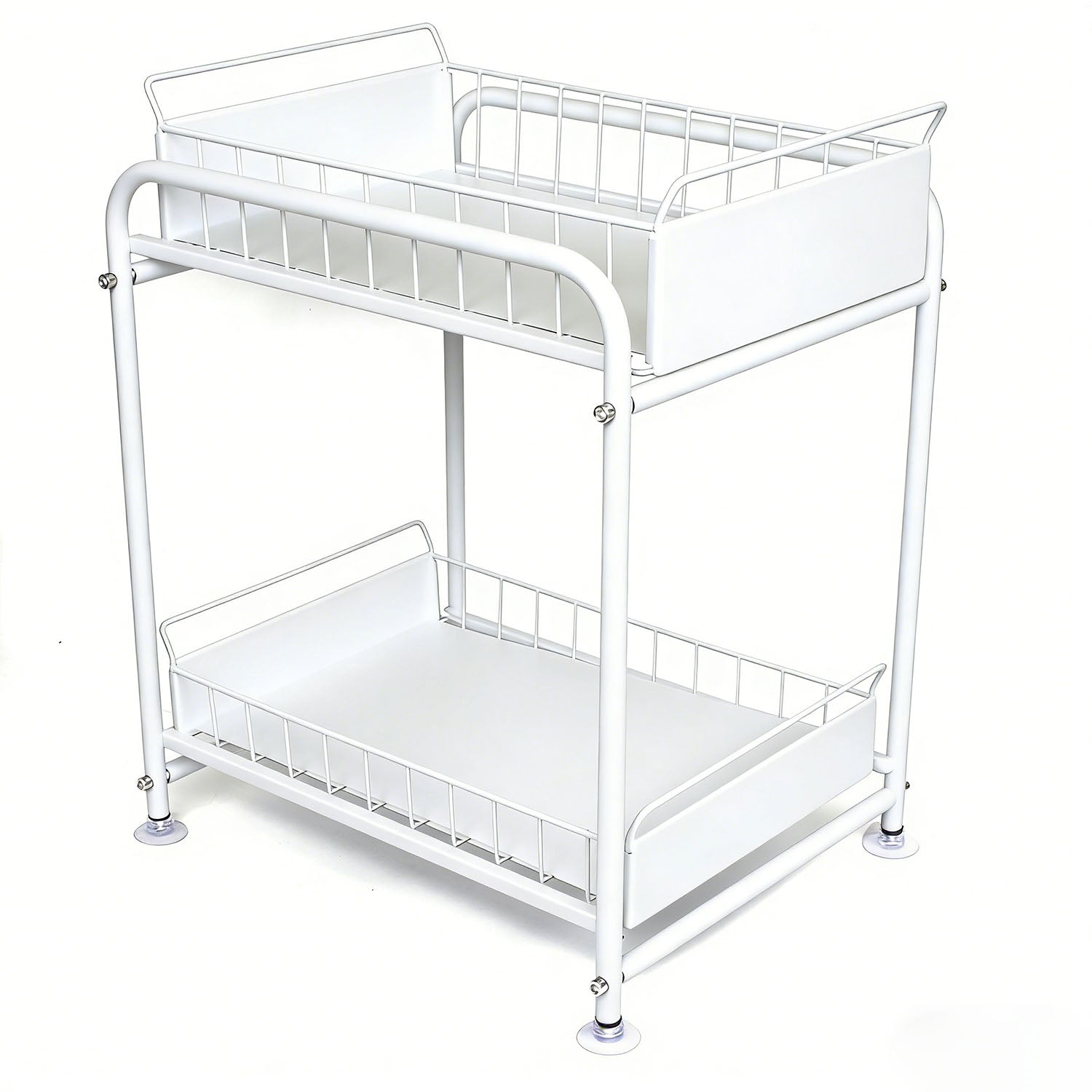 2 Tier Under Sink Storage Rack Kitchen Organizer Steel Frame with Removable Baskets & Suction Feet White - Image 2