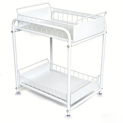 2 Tier Under Sink Storage Rack Kitchen Organizer Steel Frame with Removable Baskets & Suction Feet White - Image 2
