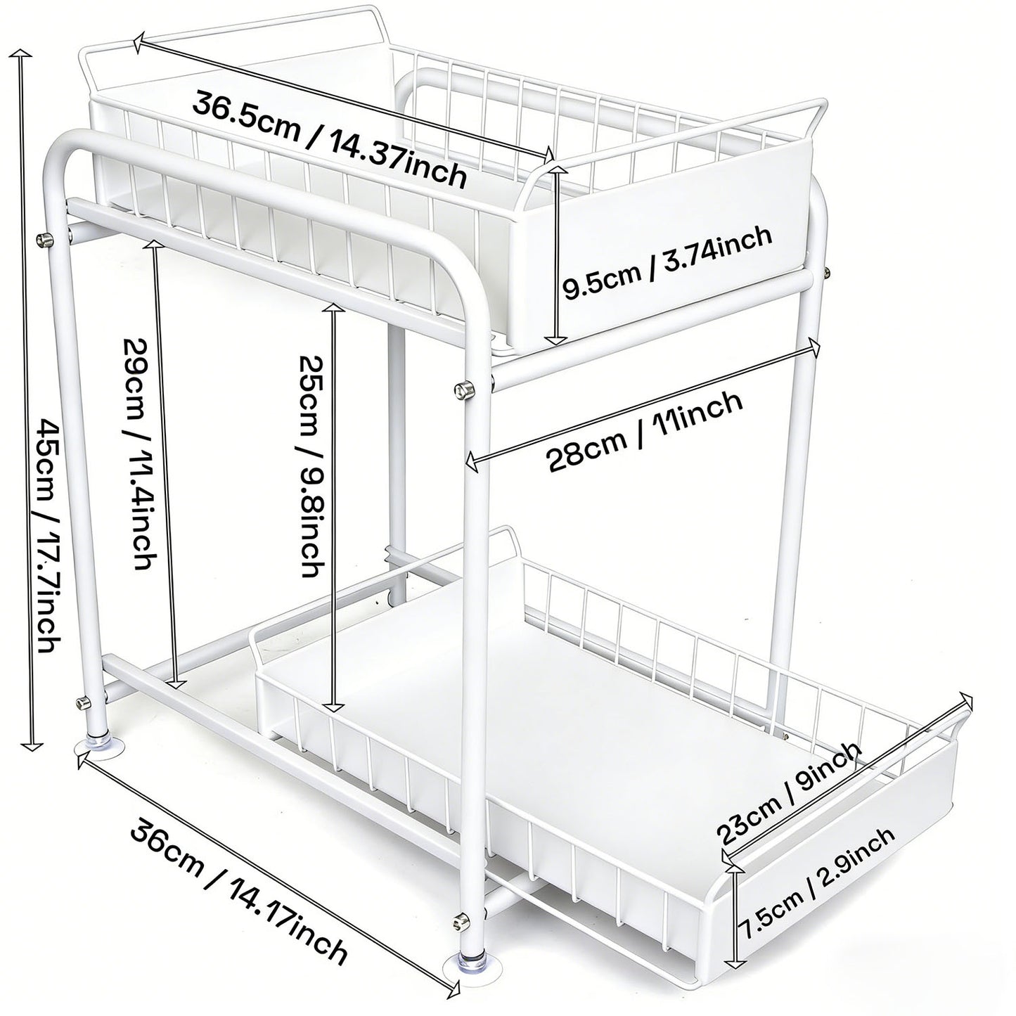 2 Tier Under Sink Storage Rack Kitchen Organizer Steel Frame with Removable Baskets & Suction Feet White - Image 3