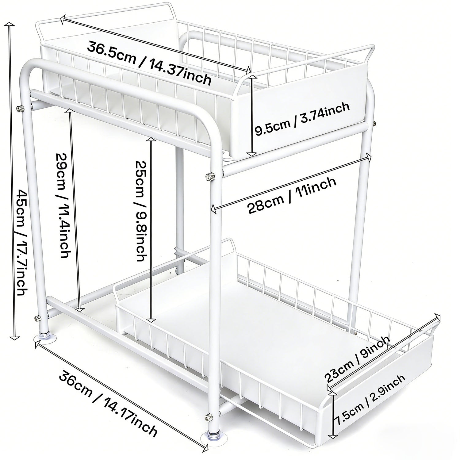2 Tier Under Sink Storage Rack Kitchen Organizer Steel Frame with Removable Baskets & Suction Feet White - Image 3
