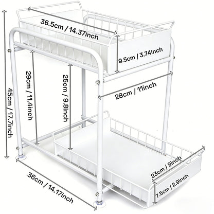 2 Tier Under Sink Storage Rack Kitchen Organizer Steel Frame with Removable Baskets & Suction Feet White - Image 3