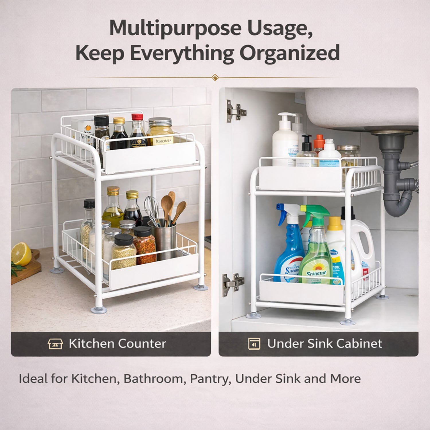 2 Tier Under Sink Storage Rack Kitchen Organizer Steel Frame with Removable Baskets & Suction Feet White - Image 4