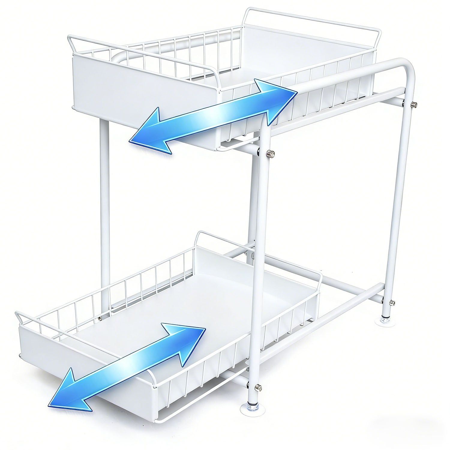 2 Tier Under Sink Storage Rack Kitchen Organizer Steel Frame with Removable Baskets & Suction Feet White - Image 5